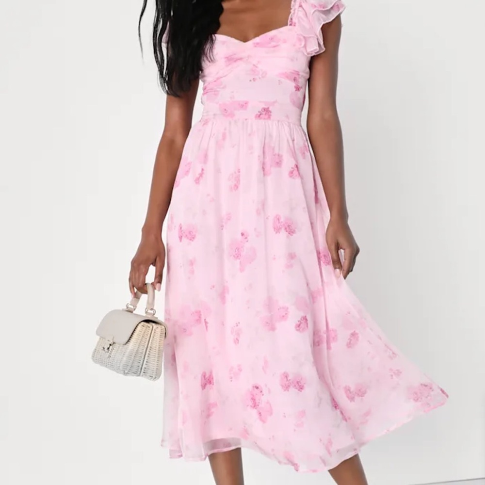 Pink Floral Ruffle Sleeve Midi Dress - Picture 1 of 2